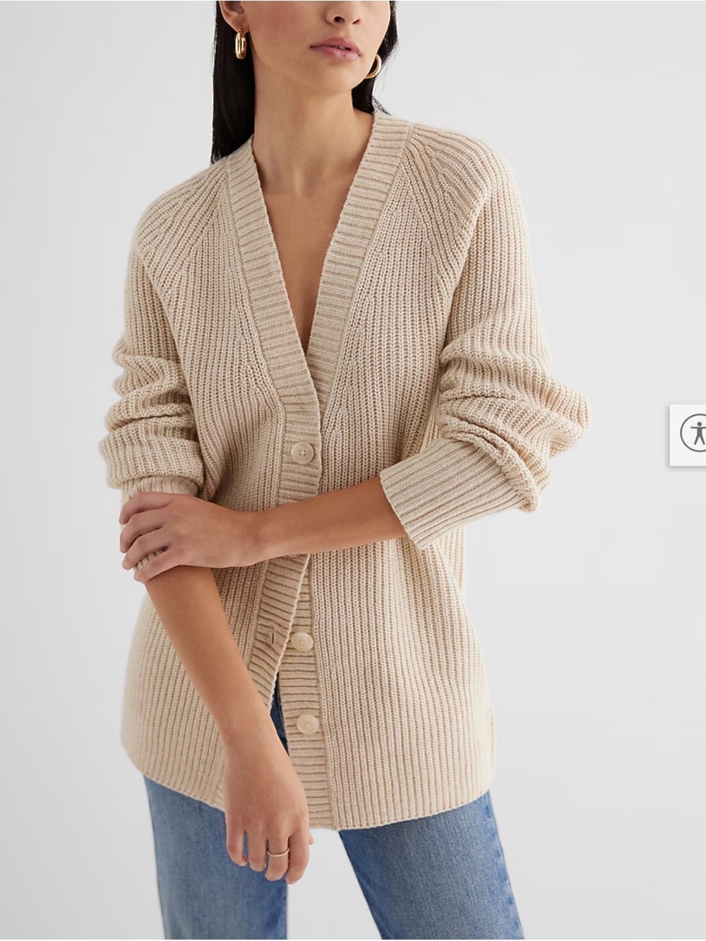 Express Beige Ribbed V-Neck Button Tunic Cardigan Sweater - Medium